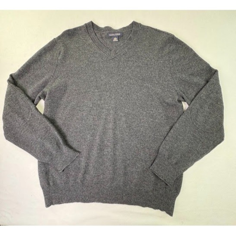 Banana‎ Republic Lambswool Cashmere V-Neck Sweater Mens Large Gray Elbow Patch